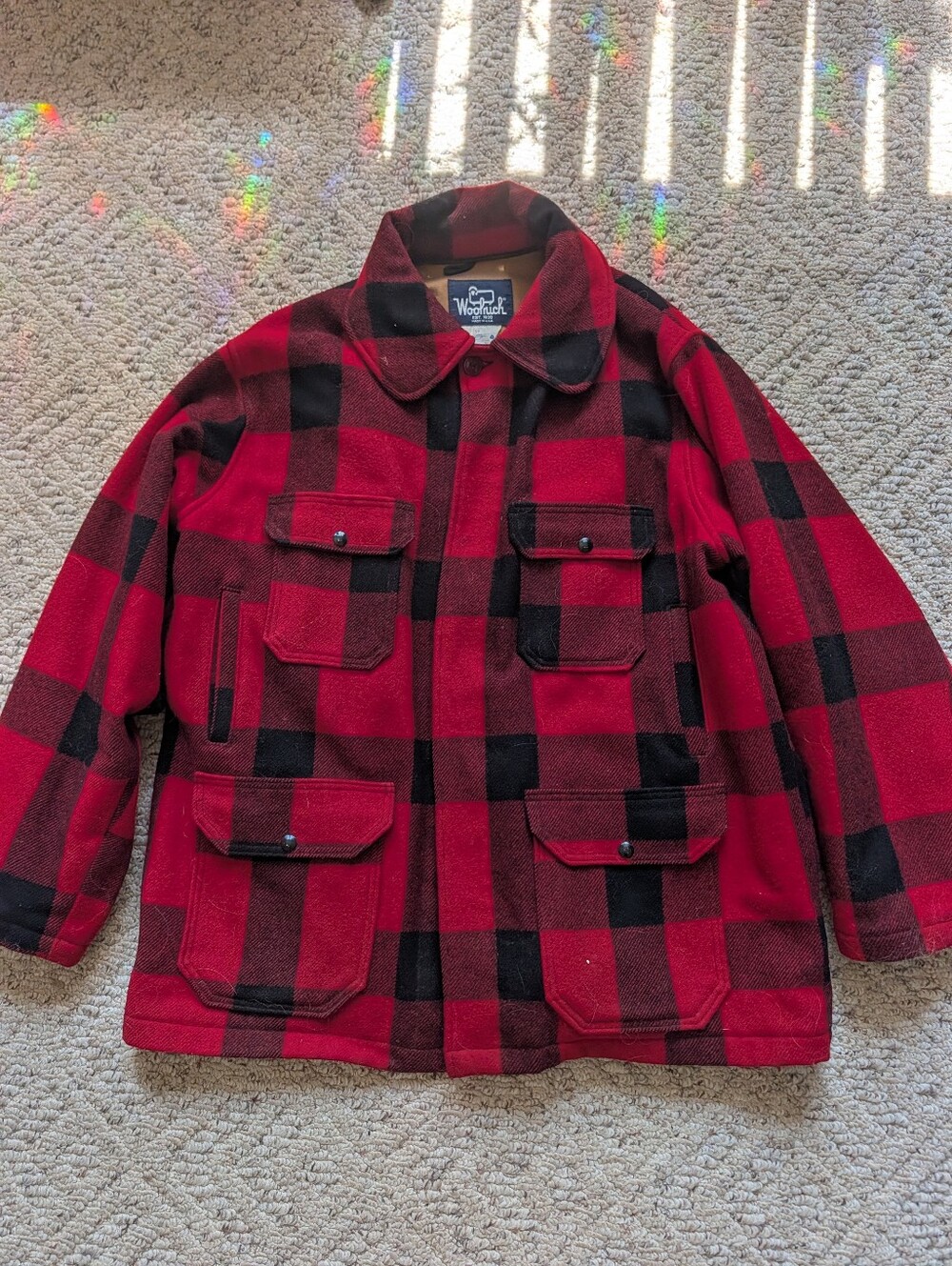Vintage Woolrich Red Black Buffalo Check Wool Cruiser Jacket Plaid USA Wool Vtg